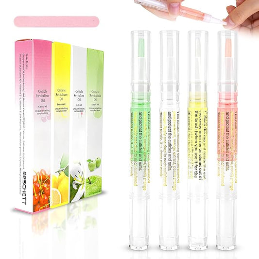 Meschett 4PCS Cuticle Oil Pens with Nail File for Nail Care, Nail Pen Oil with Natural Ingredients, Fingernails and Toenails Oil Cuticle for Repairing Cracked(Mix Flavors)