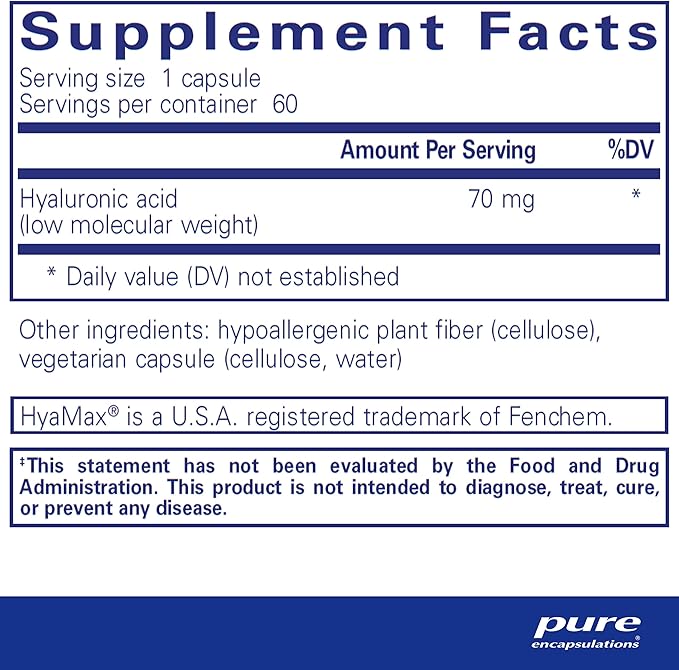 Pure Encapsulations Hyaluronic Acid - for Skin Hydration, Joint Lubrication & Joint Health* - Effective Absorption - Gluten Free - Vegan & Non-GMO - 60 Capsules