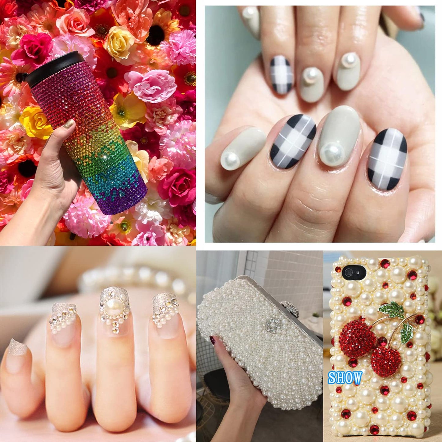 Flat Back Rhinestone+Half Round Pearl Kits Colorful Rhinestones+White&Beige Pearls with Quick Dry Makeup Glue+Picker Pencil+Tweezer for Nail Art and Face Make-up