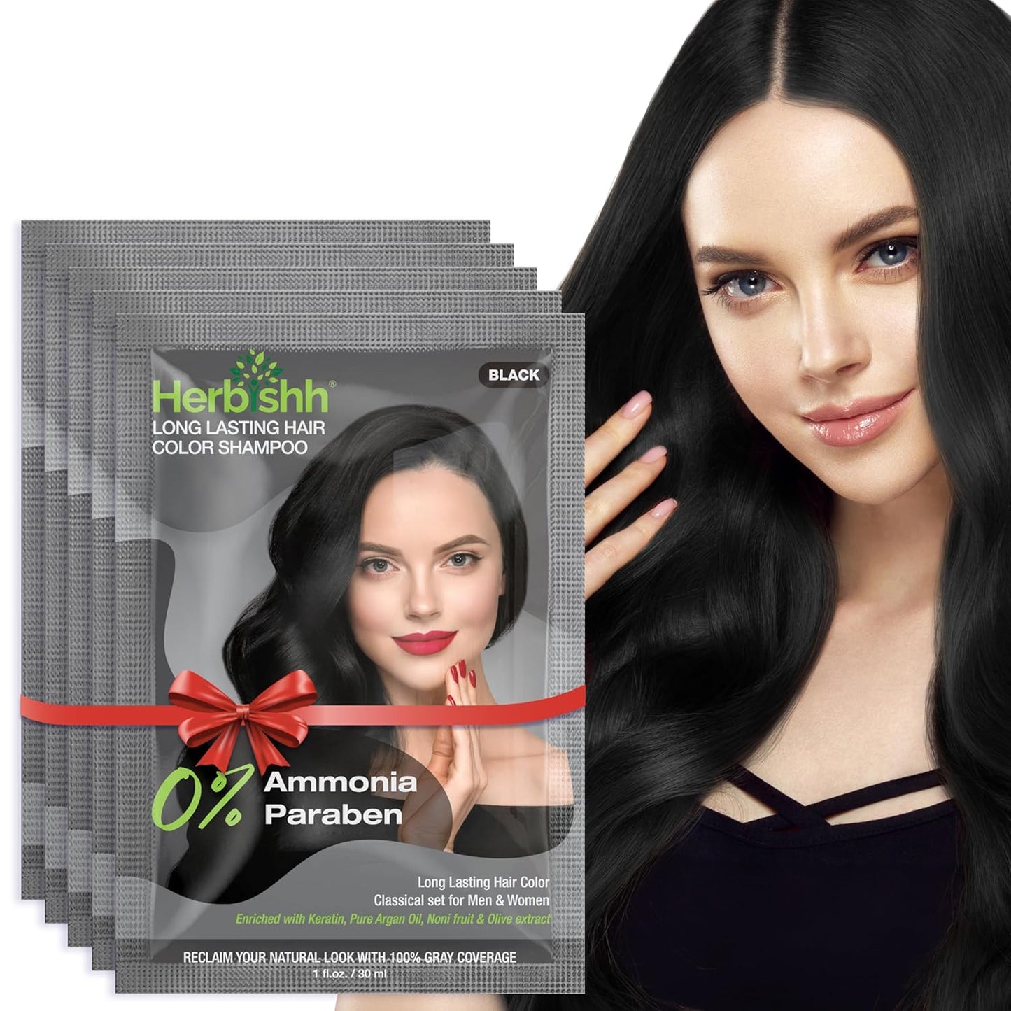 Herbishh Black Shampoo for Gray Hair, Hair Dye Shampoo 3 in 1, 100% Grey Coverage, Instant Permanent Shampoo for Men & Women, Long-lasting & Travel-friendly, Ammonia-free, 30 ml (Pack of 5)