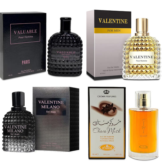 Men's Cologne Gift Set Include Valentine Milano,Valentine,Choco Musk & Valuable Paris - 3.4 Fl Oz Each | Vanilla Bourbon, Leather & Amber Floral Fragrance | Luxury Eau de Toilette Quartet