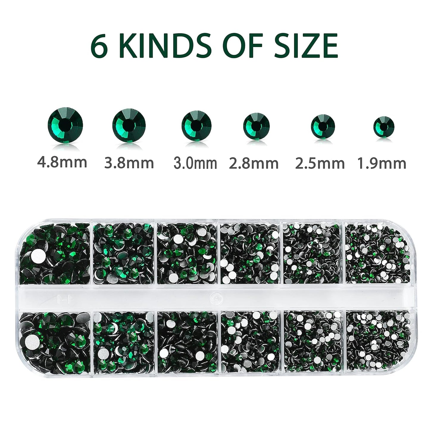 HUETFAT 2400pcs Flatback Rhinestones Gems Nail Diamonds-Glass Nail Crystals 6 Sizes (1.5-4.8 mm) Green Nail Art Rhinestones Kit with Tweezers and Wax Pencil Gems for Crafts/Tumblers/Face Eye Makeup