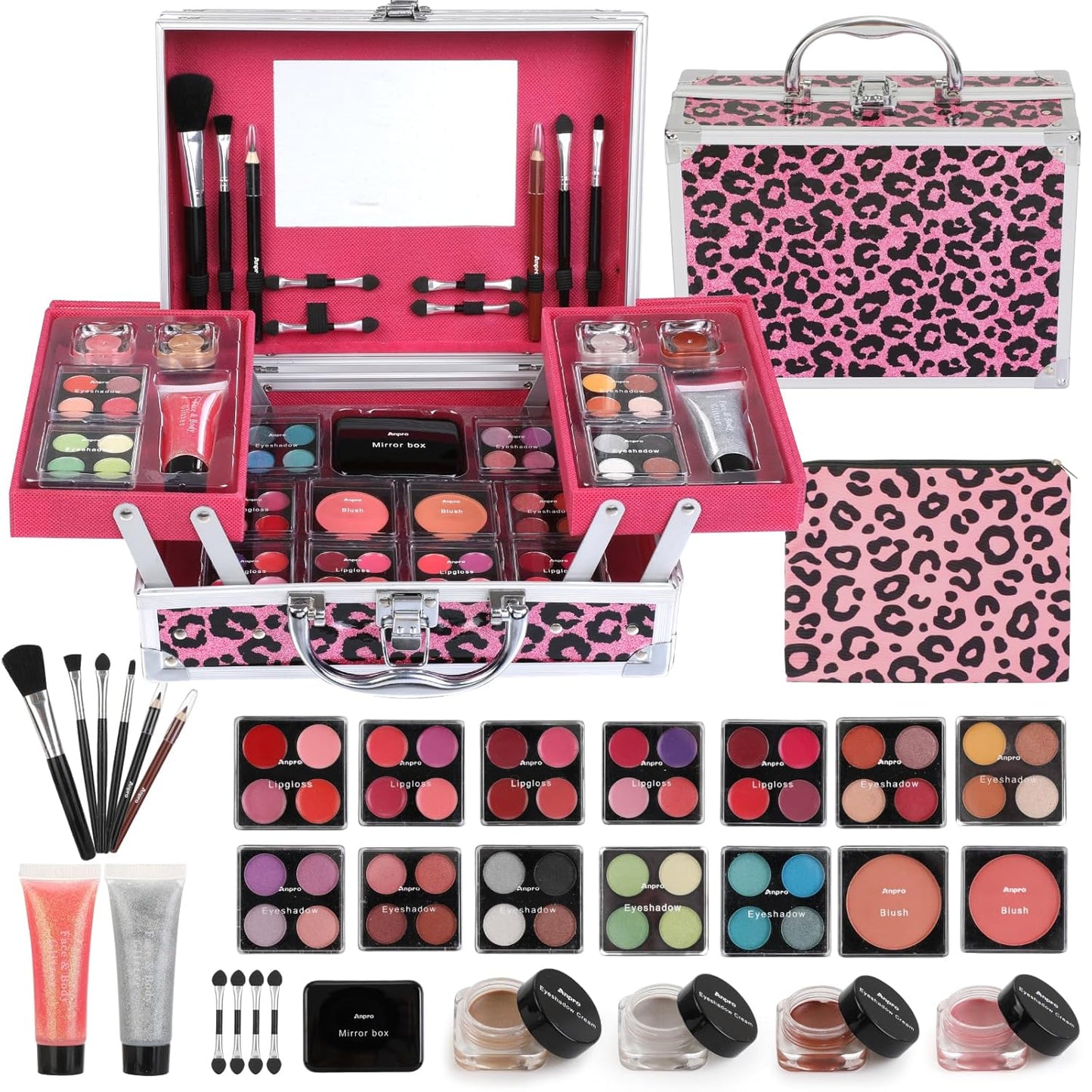 Anpro All-In-One Leopord Double Folding Makeup Carry Case with Pro Teen Makeup Set, Full Starter Kit with Makeup Brushes, Lipsticks, Eyeshadow Palette, Blushes, Glitter Gel, Ideal Present for Girls