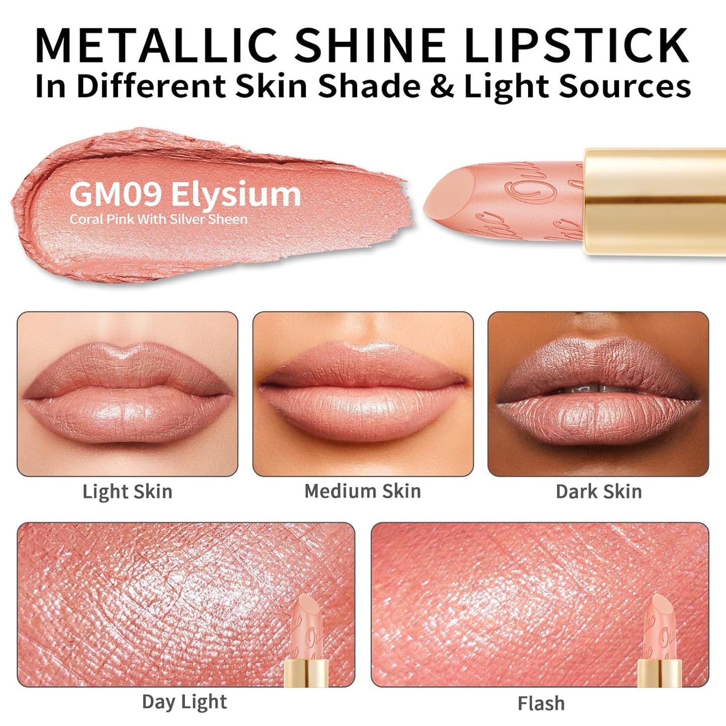 Oulac Coral Pink Matte Lipstick with Glow Metallic Finish - Vegan Lipstick for Women, Creamy Texture, Hydrating Clean Beauty Formula, High-End Magnetic Hook Design, GM09 Elysium