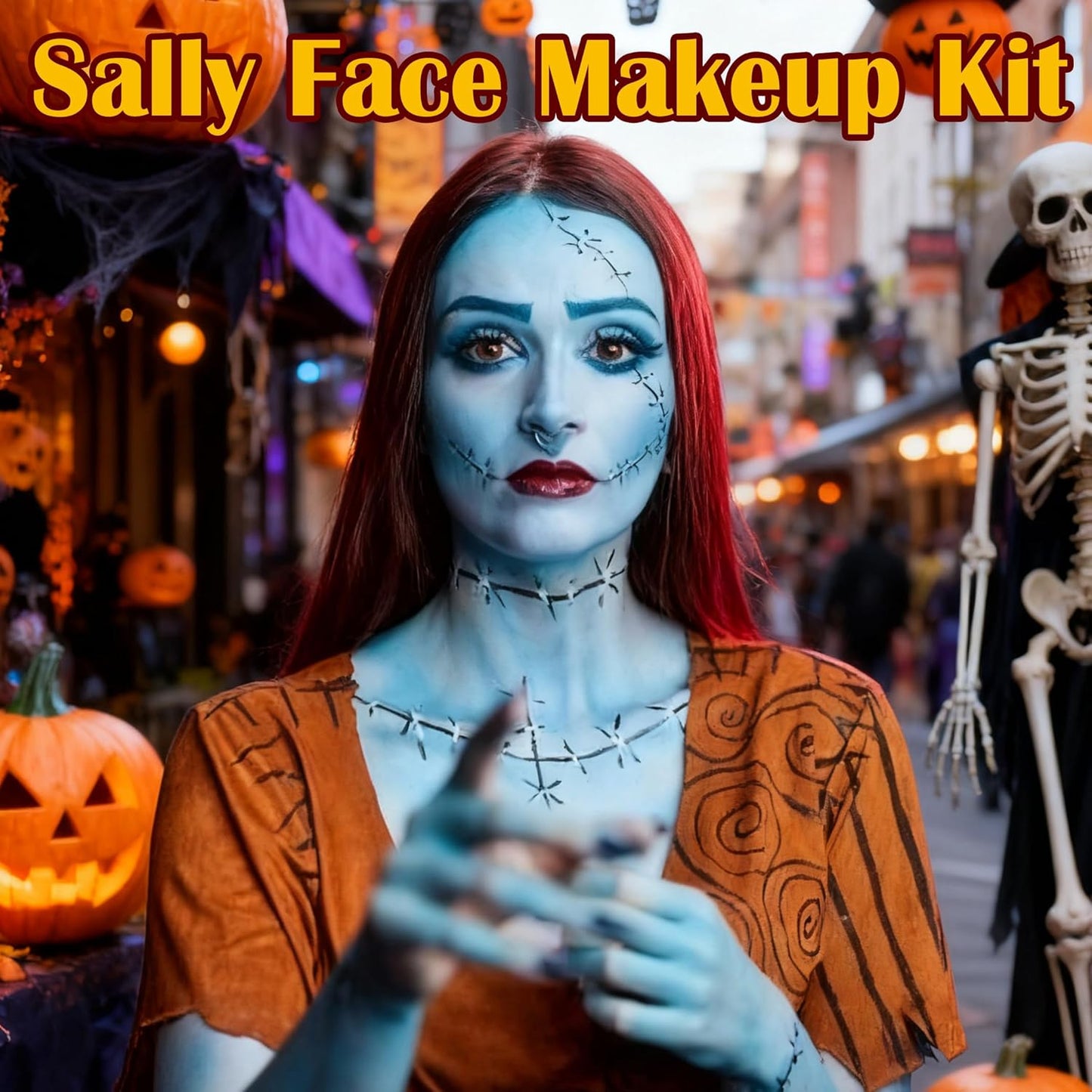 Sally Makeup Kit, Sally Face Costume Cosplay Accessories for Women Girls, Corpse Bride Costume Makeup Kit, Water Activated Light Blue Face Body Paint+Red Lipstick+Black Eyeliner+Sponges