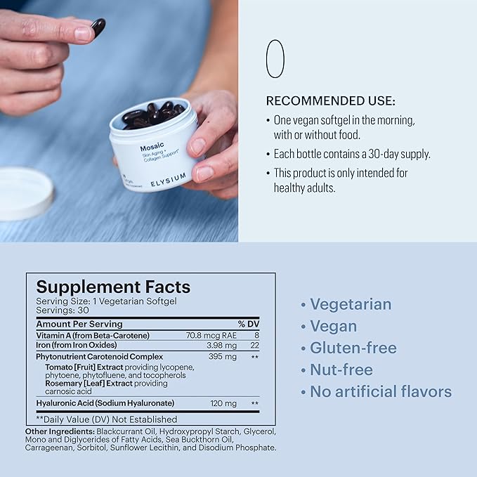 ELYSIUM Mosaic - Hyaluronic Acid Supplement - Clinically Proven - Fights Fine Lines & Skin Aging - Collagen Supplement - 30-Day Supply (Vegan Softgels)