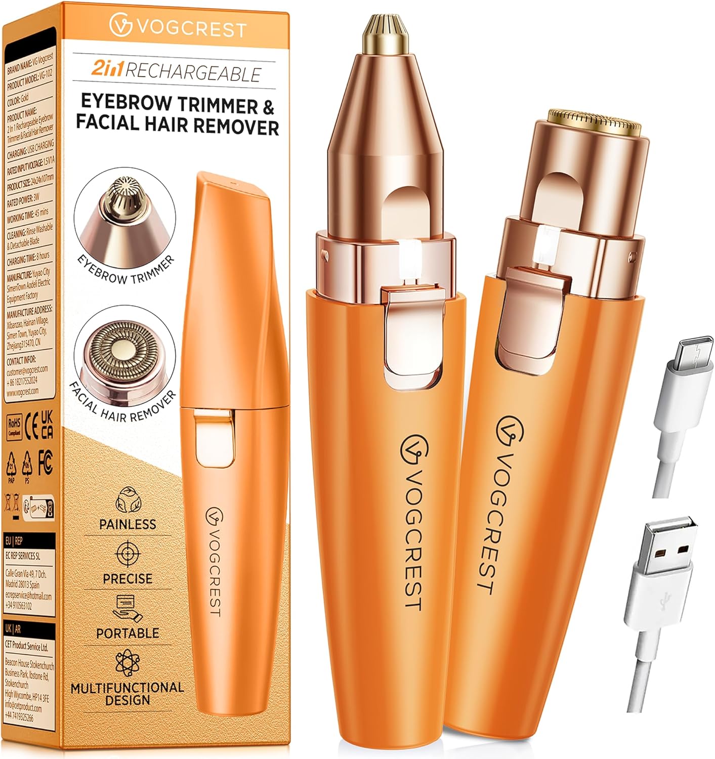 VG VOGCREST Eyebrow Facial Trimmer: 2 in1 Rechargeable Facial Hair Removal and Eyebrow Shaver - Face Lips Body Painless Facial Razor with Built-in LED Light (Orange)