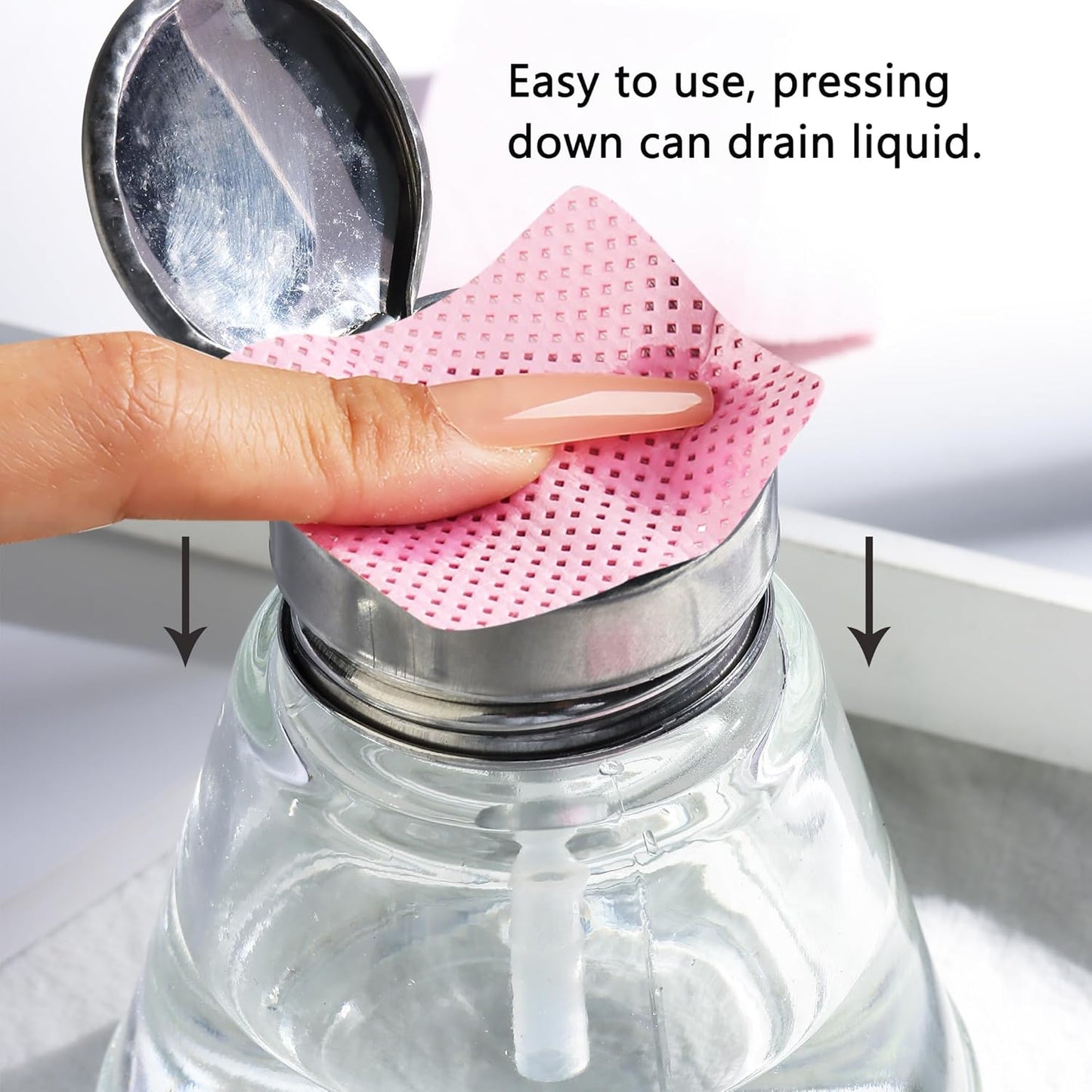 Pump Bottle Dispenser 180ml Clear Nail Polish Remover Pump Glass Metal Push Down Pump Dispenser 200Pcs Lint Free Nail Wipes Alcohol Dispenser Eye Makeup Remover Pump Push Down Empty Bottle