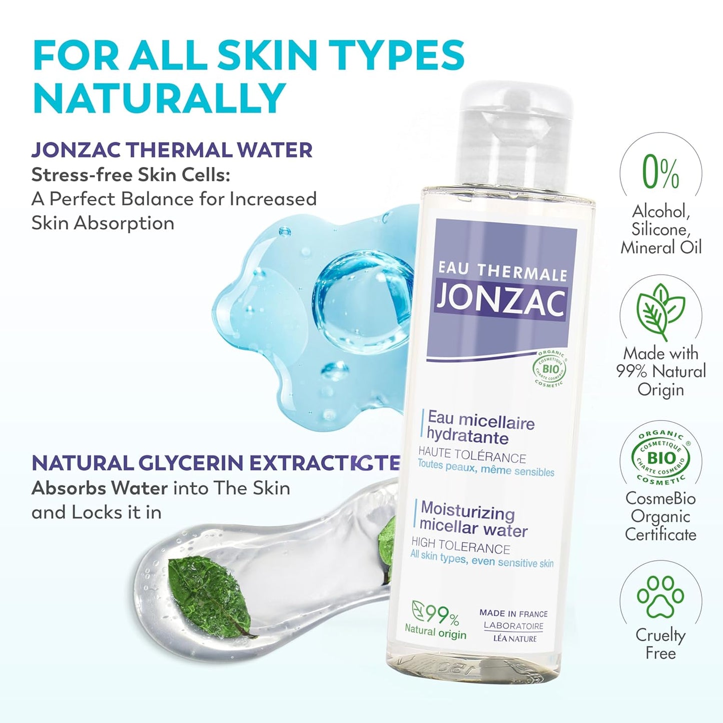 Eau Thermale Jonzac 99% Organic Micellar Water - Natural Eye & Face Makeup Remover - Hydrating Thermal Water - for Sensitive Skin - Non-Toxic - Agua Micelar Orgánica - Travel Size - 3.38 Fl Oz