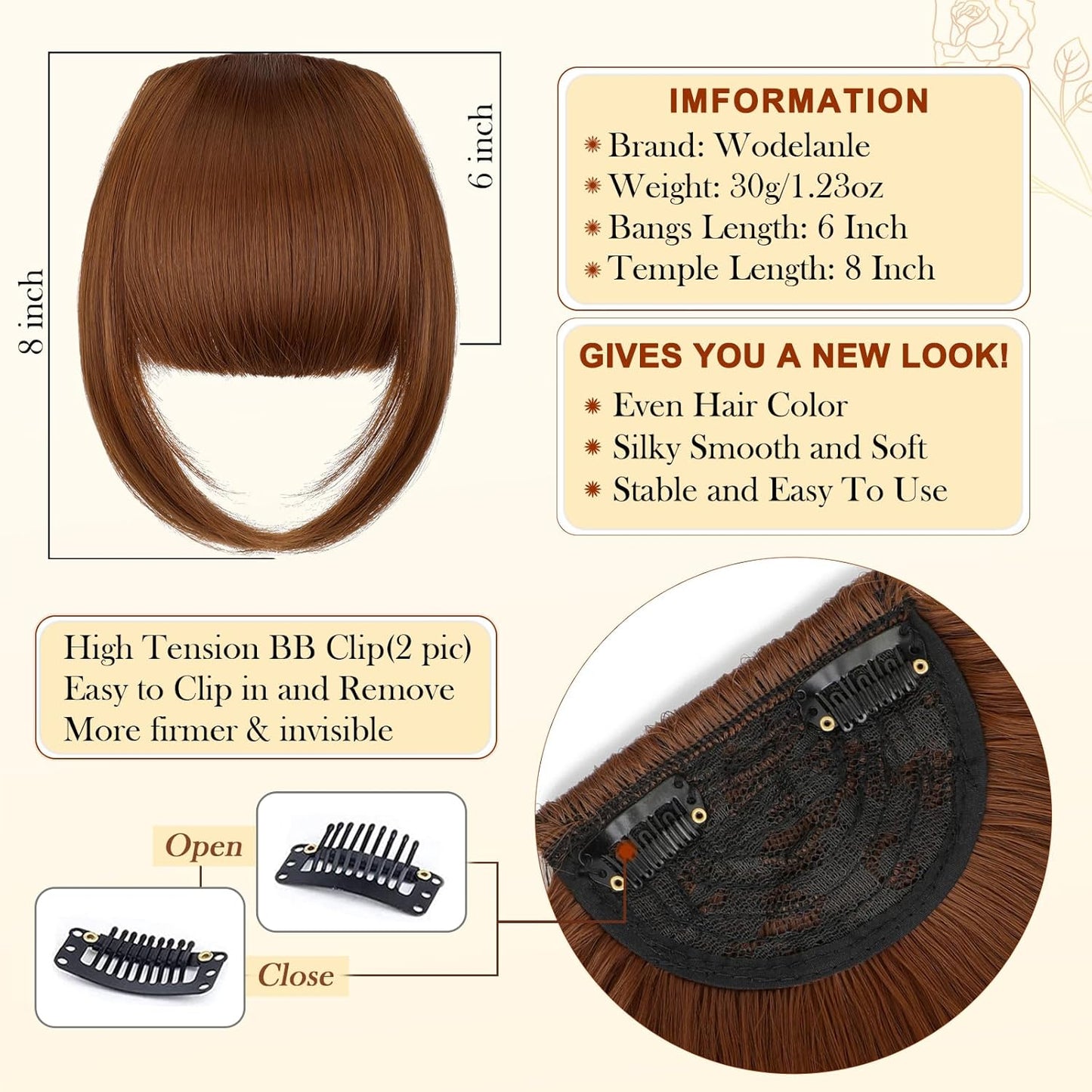 Bangs Hair Clip in Bangs, Fake Bangs Natrual Clip in Hair Extensions, Easy to Use Faux Bangs Clip on Bangs, French Bangs Fringe with Temples Hairpieces Curved Bangs for Daily Wear