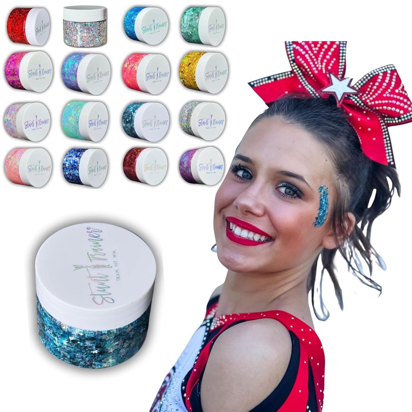 Stunt Trainer Cheer Glitter Face Body Makeup Peel Off Gel Chunky Holographic 15 Colors 1.6oz Vegan Cruelty Free Nontoxic Cheerleader Cheerleading Makeup