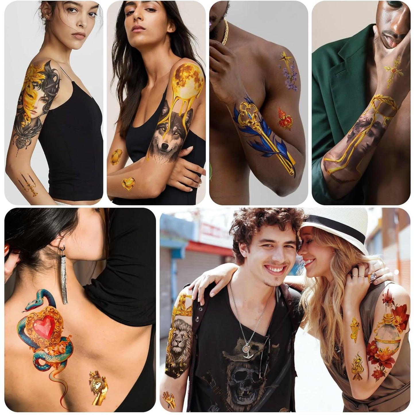 77 Sheets Temporary Tattoo, Lion Wolf Snake Skull Elephant Fake Tattoos for Adults Neck Shoulder, Bee Angel Crown Scepter Realistic Temporary Tattoos for Men Women Girls