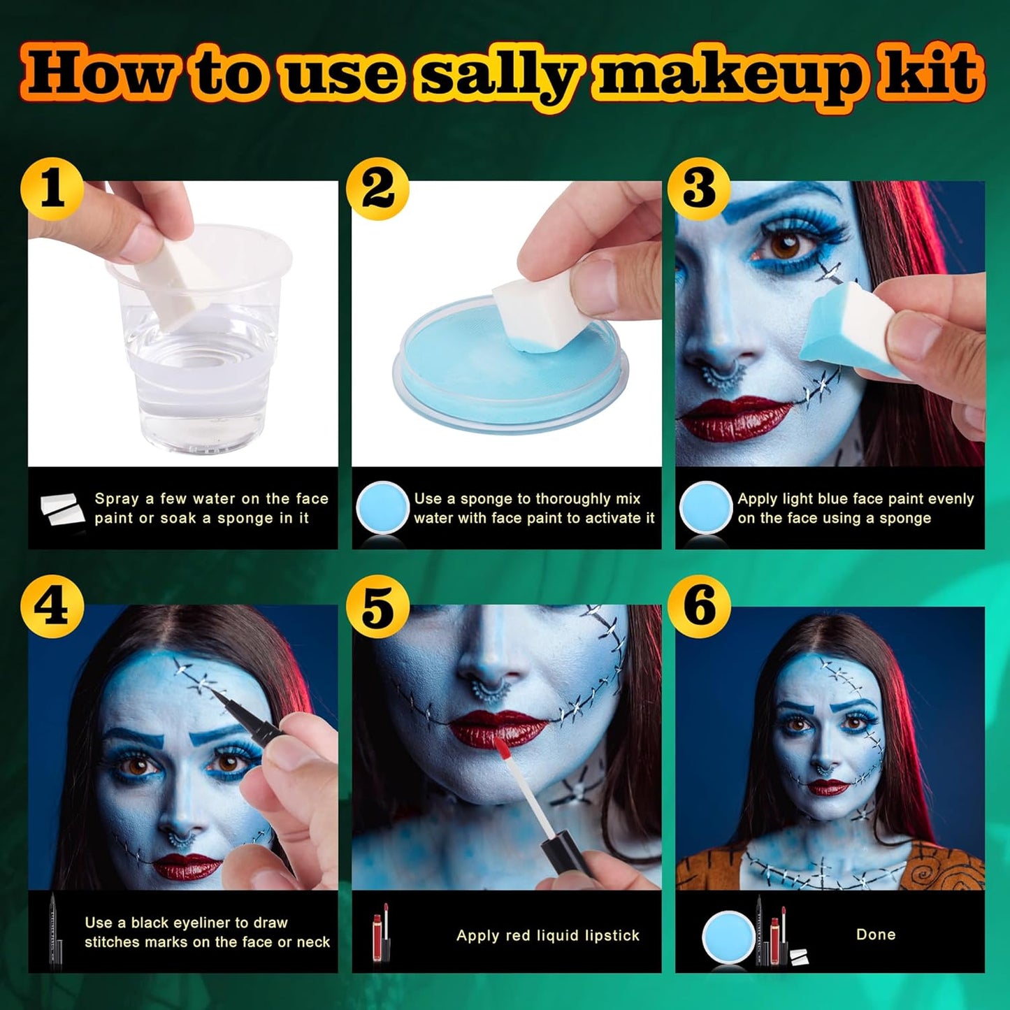 Sally Makeup Kit, Sally Face Costume Cosplay Accessories for Women Girls, Corpse Bride Costume Makeup Kit, Water Activated Light Blue Face Body Paint+Red Lipstick+Black Eyeliner+Sponges