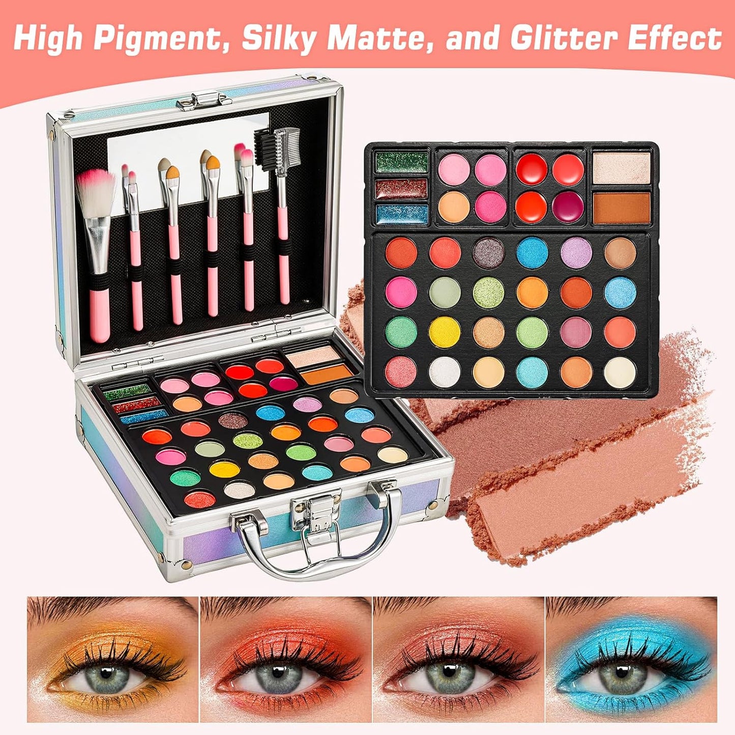 Anpro All-in-One Makeup Carry Case with Pro Teen Makeup Set, Full Starter Cosmetics Kit with Makeup Brushes, Eye Shadows Palette, Blushes, Glitter Gel, Temporary Tattoo Stickers - Pink, Style01