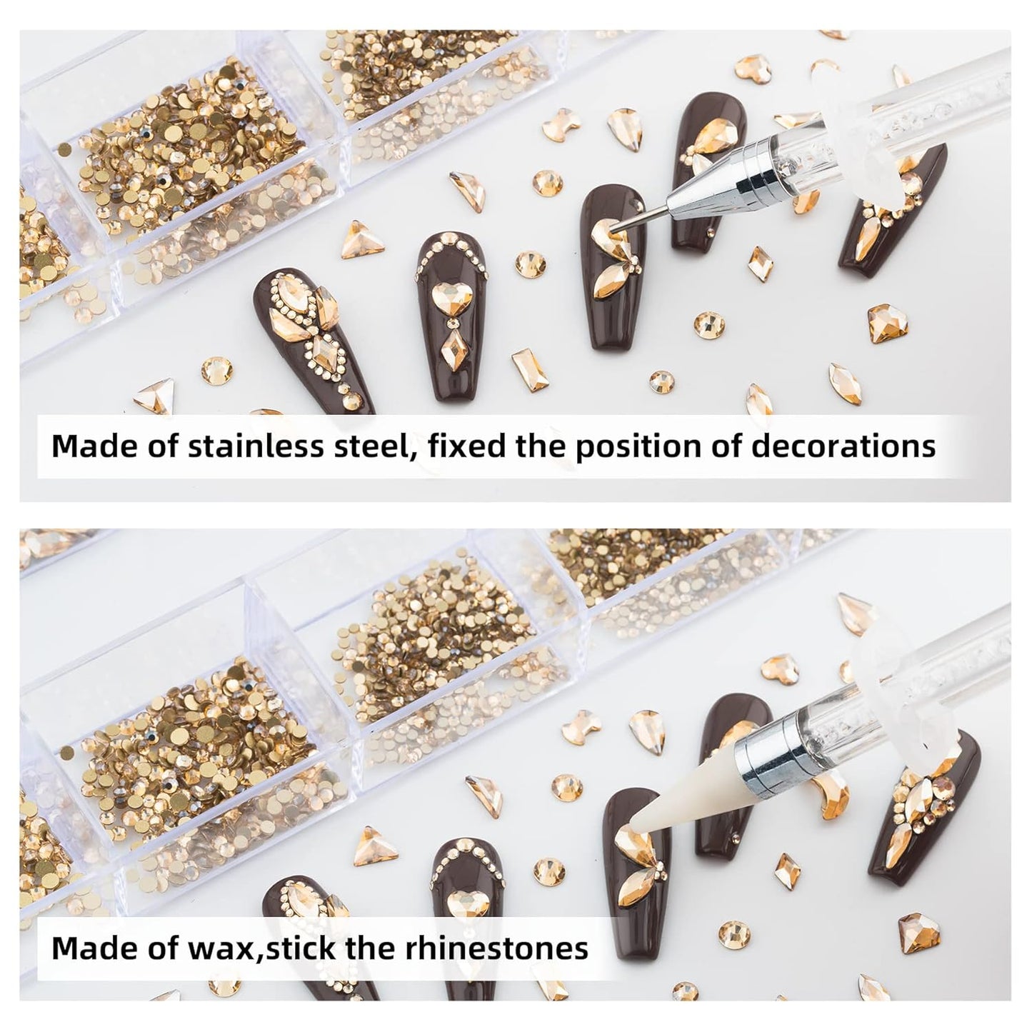 Nail Rhinestones Kit, Nail Art Decorations with Wax Pencil Flat AB Rhinestones Kit DIY Crafts Gemstones for Nail, Shoes, Clothes, Jewels (600 Champagne diamonds + 2500 flat rhinestones)