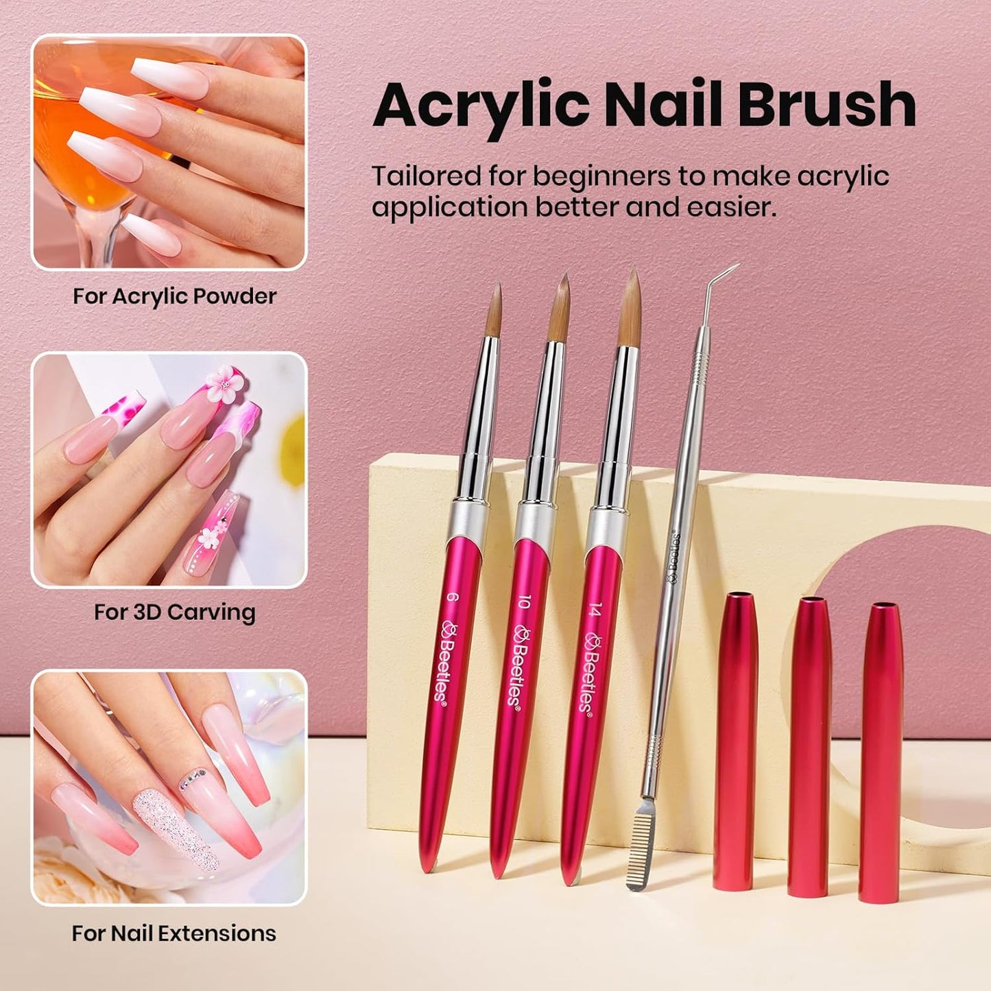 Beetles Acrylic Nail Brush - 3pcs Size 6/10/14 Kolinsky Acrylic Nail Brushes with Cleaner Tool for Acrylics Powder, Nails Extension, 3D Carving Nails Art Tools Home DIY Salon Manicure Design Tool