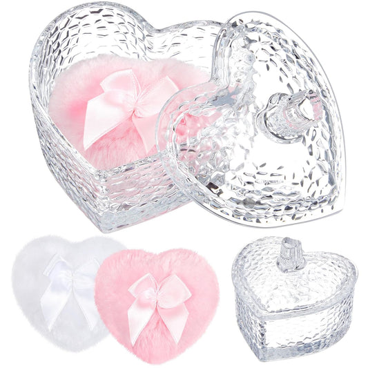 Tioncy 3 Pcs Large Body Powder Puff and Container Powder Container with Puff Crystal Case Soft Washable Reusable Velour Face Body Glitter Wet Dry Makeup(Heart,Clear)