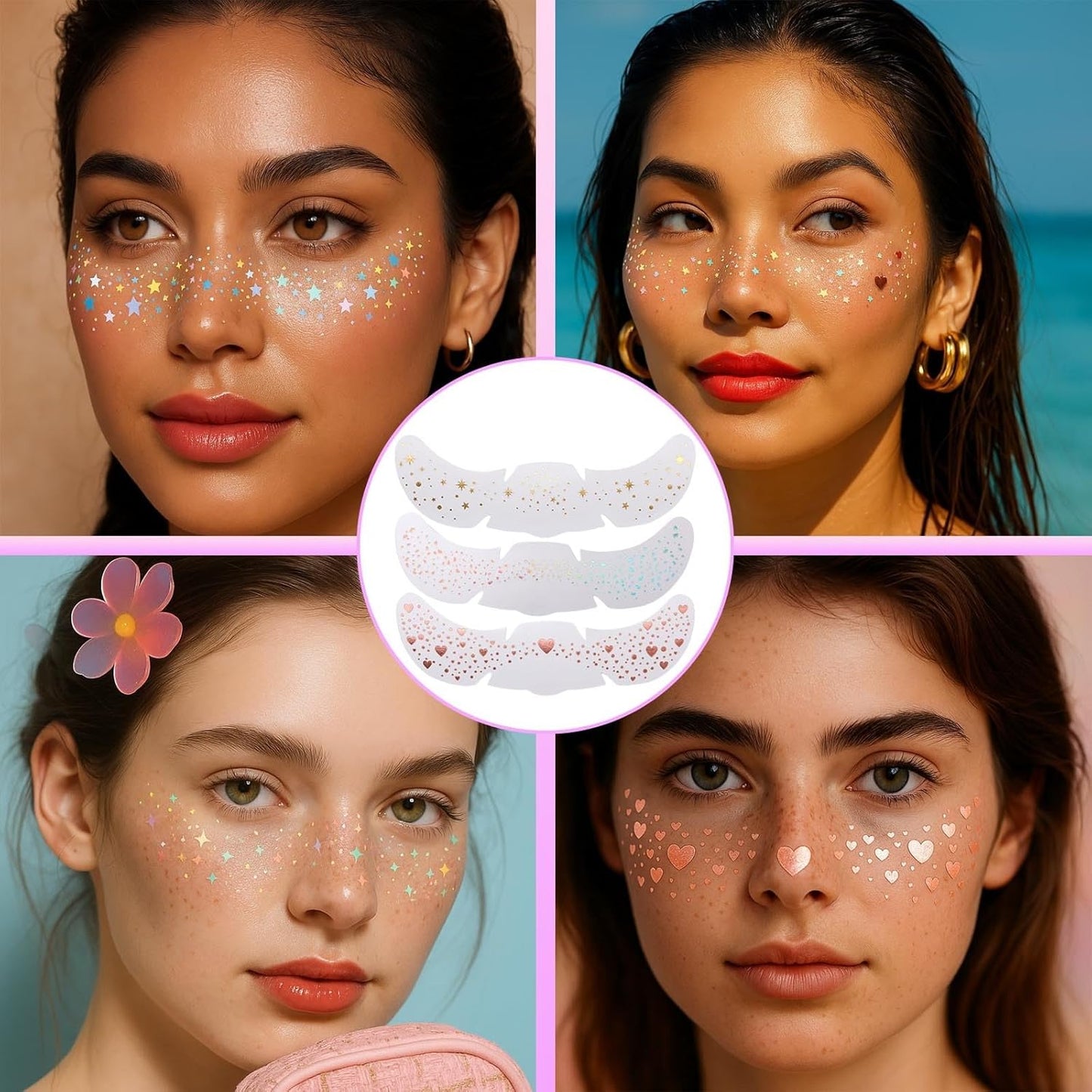12 Sheets Glitter Freckles Stickers for Face and Body, Holographic Star and Heart Face Tattoo for Women and Girls, Long Lasting Waterproof Festival Rave Makeup Accessories