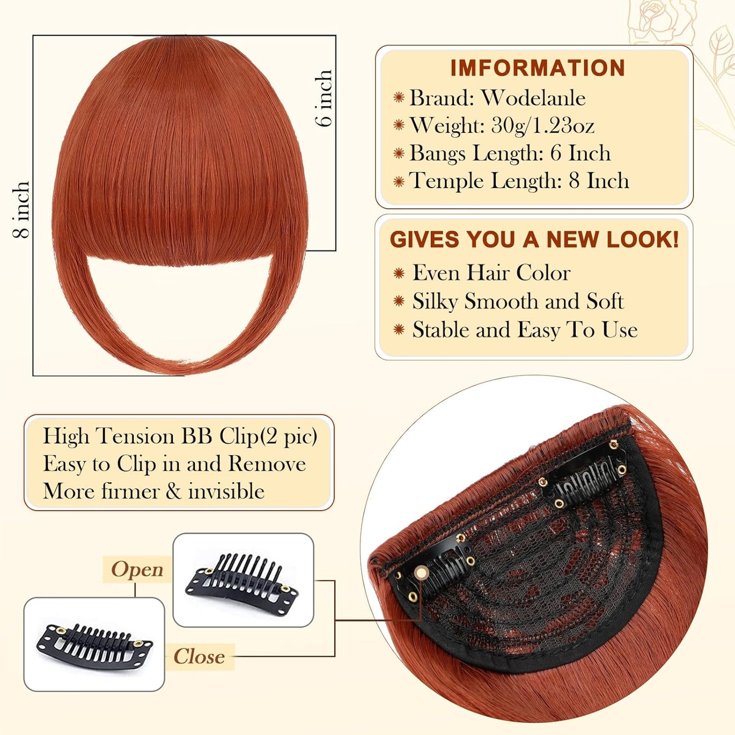 Bangs Hair Clip in Bangs, Fake Bangs Natrual Clip in Hair Extensions, Easy to Use Faux Bangs Clip on Bangs, French Bangs Fringe with Temples Hairpieces Curved Bangs for Daily Wear