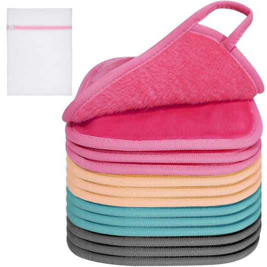 KODAMO Makeup Remover Cloth, 12 Pack Reusable Makeup Remover Towels with Washable Travel Bag, Microfiber Face Wash Cloths for Women All Skin Types, Coral/Pink/Green/Grey