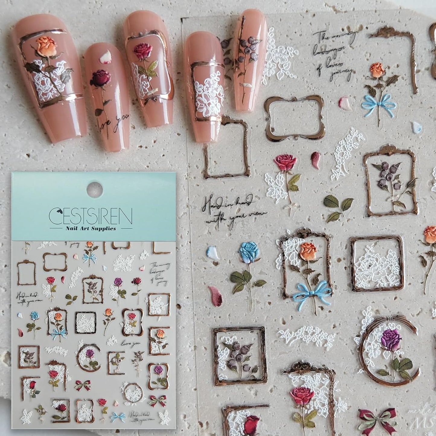 Golden Frame Rose Nail Stickers, Embossed Nail Decals,Vintage Floral for Nail Art Designs, Self-Adhesive Nail Accessories for Women