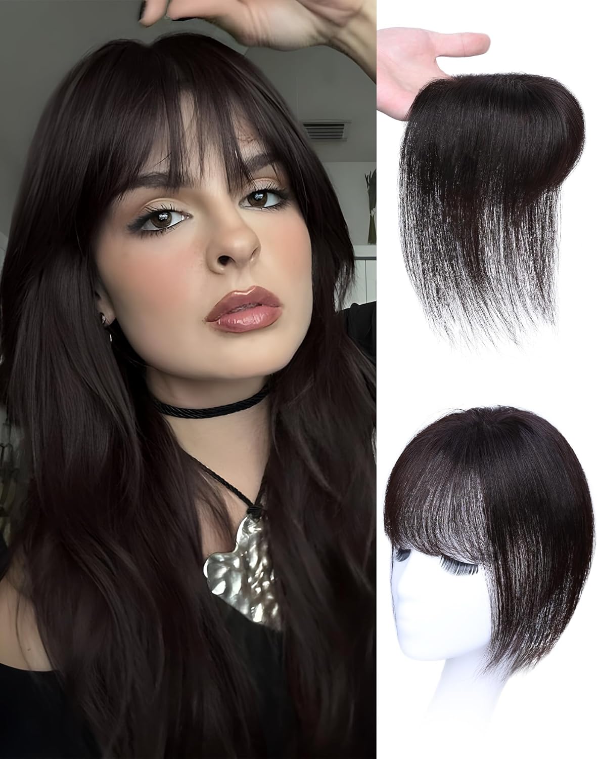 Hair Toppers for Women Real Human Hair, Bangs Hair Clip 360°3D Cover Clip on Bangs for Women Fake Bangs for Daily Wear (10 Inch Brown Black)