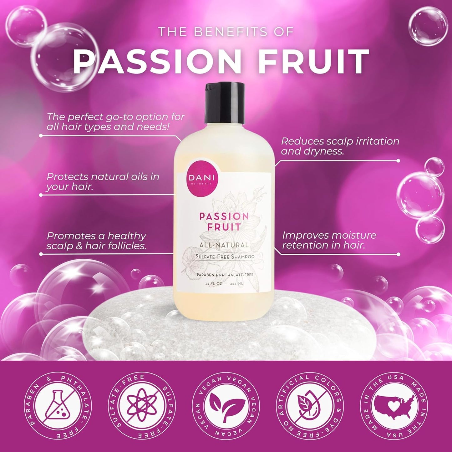 DANI Naturals Shampoo - Passion Fruit Scent - Sulfate-Free, Vegan, Moisturizing, 12 oz | Nourishing for All Hair Types & Sensitive Scalps