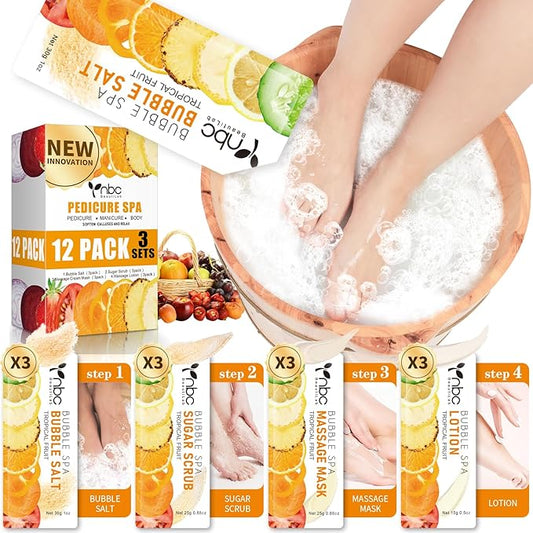 Pedicure Kit Foot Soak Set: Bubble Salt, Sugar Scrub, Massage Mask, Massage Lotion in a Box, 4 Step Foot Spa Kit for Dry Feet,Tired Feet（3 Set Tropical Fruit)
