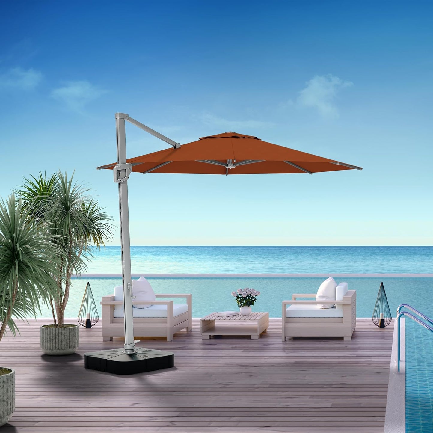 Midtown Umbrellas 10 Ft Outdoor Cantilever Patio Umbrella w/Terylast Dark Orange Fabric - Rotate 360° Offset Patio Umbrella, Deck Patio Umbrella, Backyard Umbrella & Garden Umbrella - Silver Frame