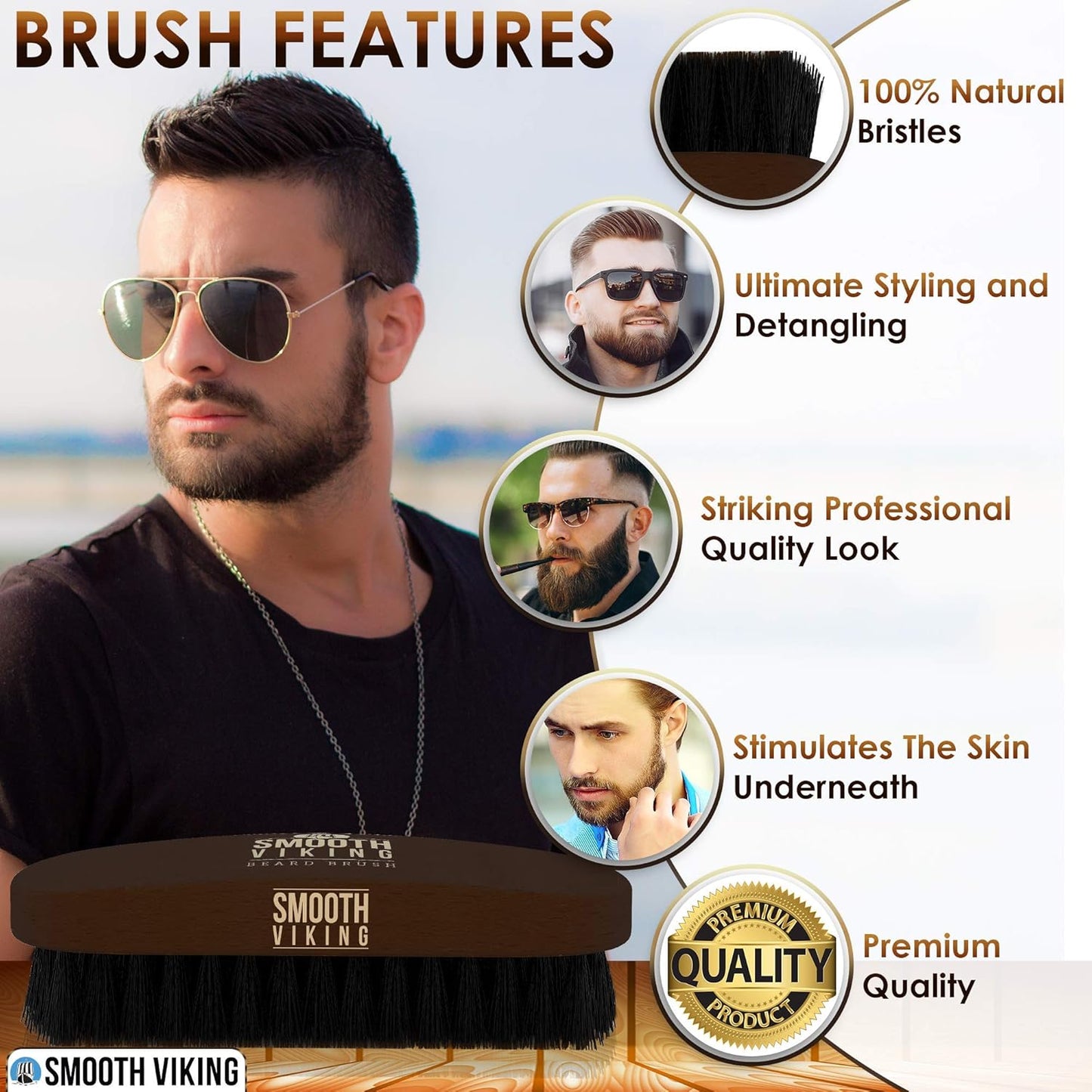Smooth Viking Beard Brush & Comb Gift Set for Men - Natural Boar Bristle Hair Brush & Wooden Comb, Boar Brush for Facial Hair Styling, Grooming & Beard Shaping Tool, Men Hair Products - Brown