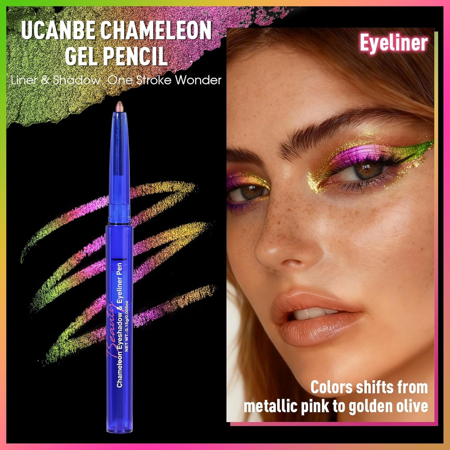 UCANBE Chameleon Eyeshadow & Eyeliner Gel Pencil - Multichrome Shifting Colors Metallic Glitter Eye Makeup,Waterproof Long-Lasting Smudge-Proof Multi-Dimensional Color (Metallic Pink to Golden Olive)