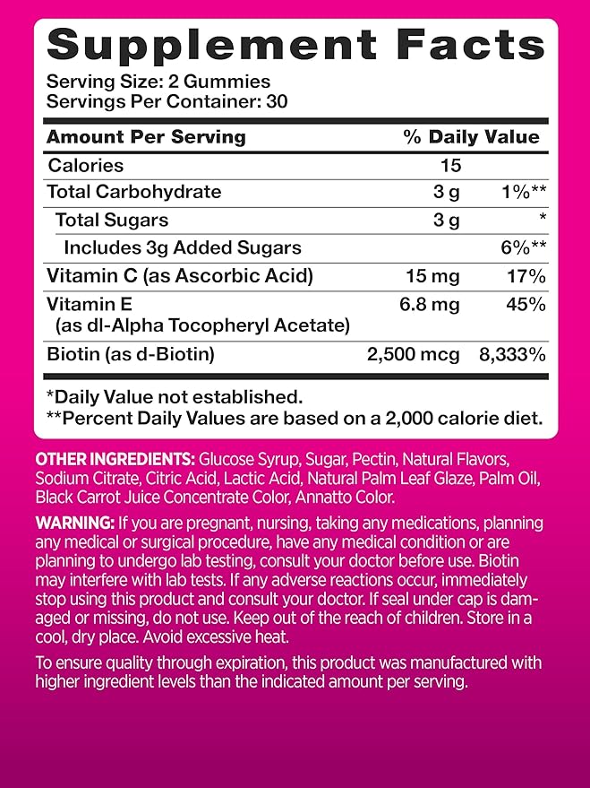 PINK Biotin Gummies | 60 Count | Non-GMO & Gluten Free | Fruit Flavor Vitamin for Hair Skin and Nails