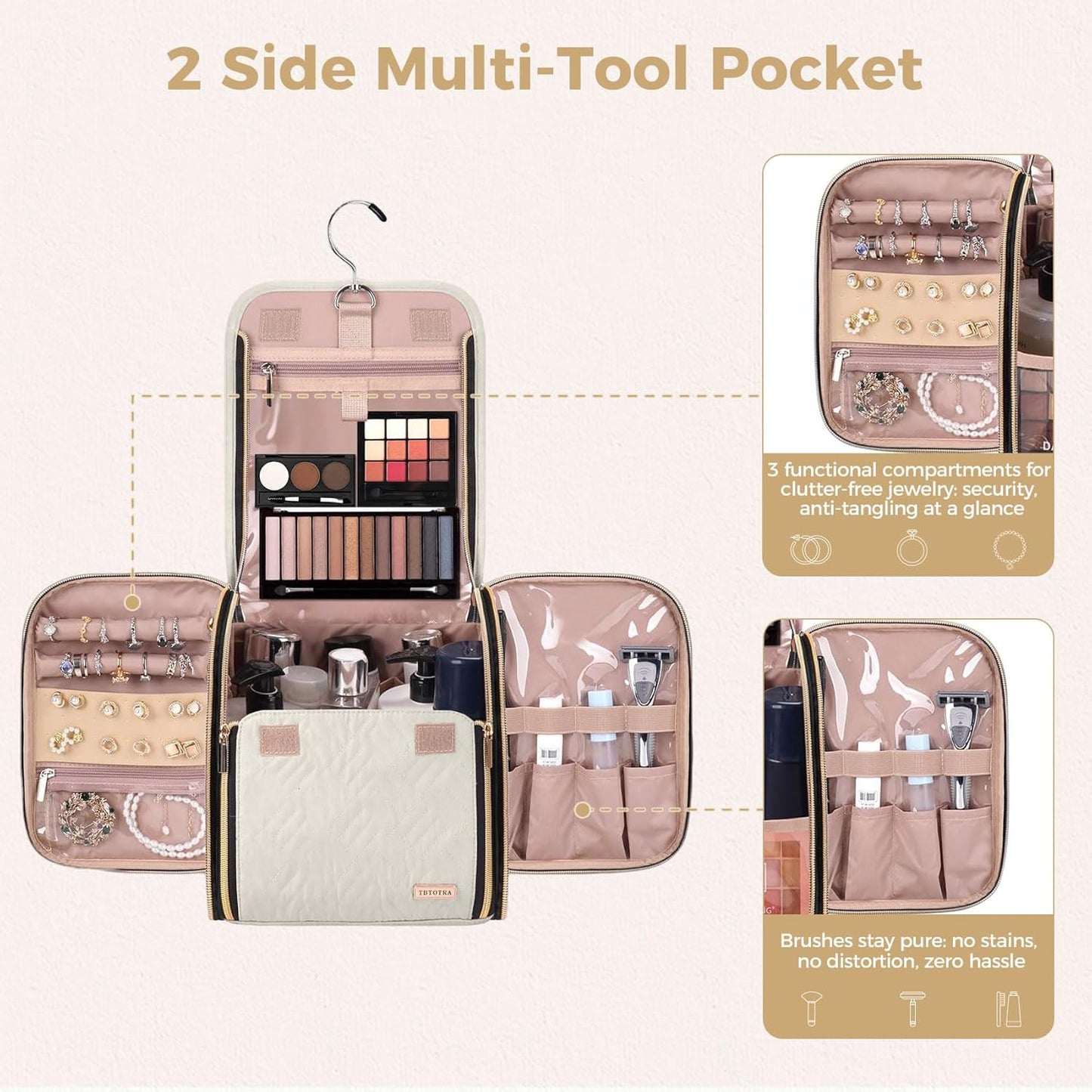 Hanging Toiletry Bag & Makeup Bag for Women with Jewelry Organizer - TSA Approved Large Capacity Travel Cosmetic Organizer, Waterproof Shower Essentials Case with Transparent Pockets, Beige