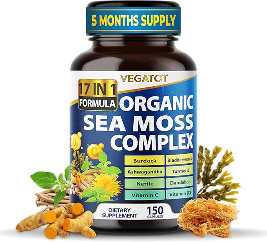 Organic Sea Moss 14,300mg with Bladderwrack, Burdock, Ashwagandha, and Turmeric - Immunity Booster for Healthy Aging, Skin & Joint Support- Made in The USA (150 Count (Pack of 1))