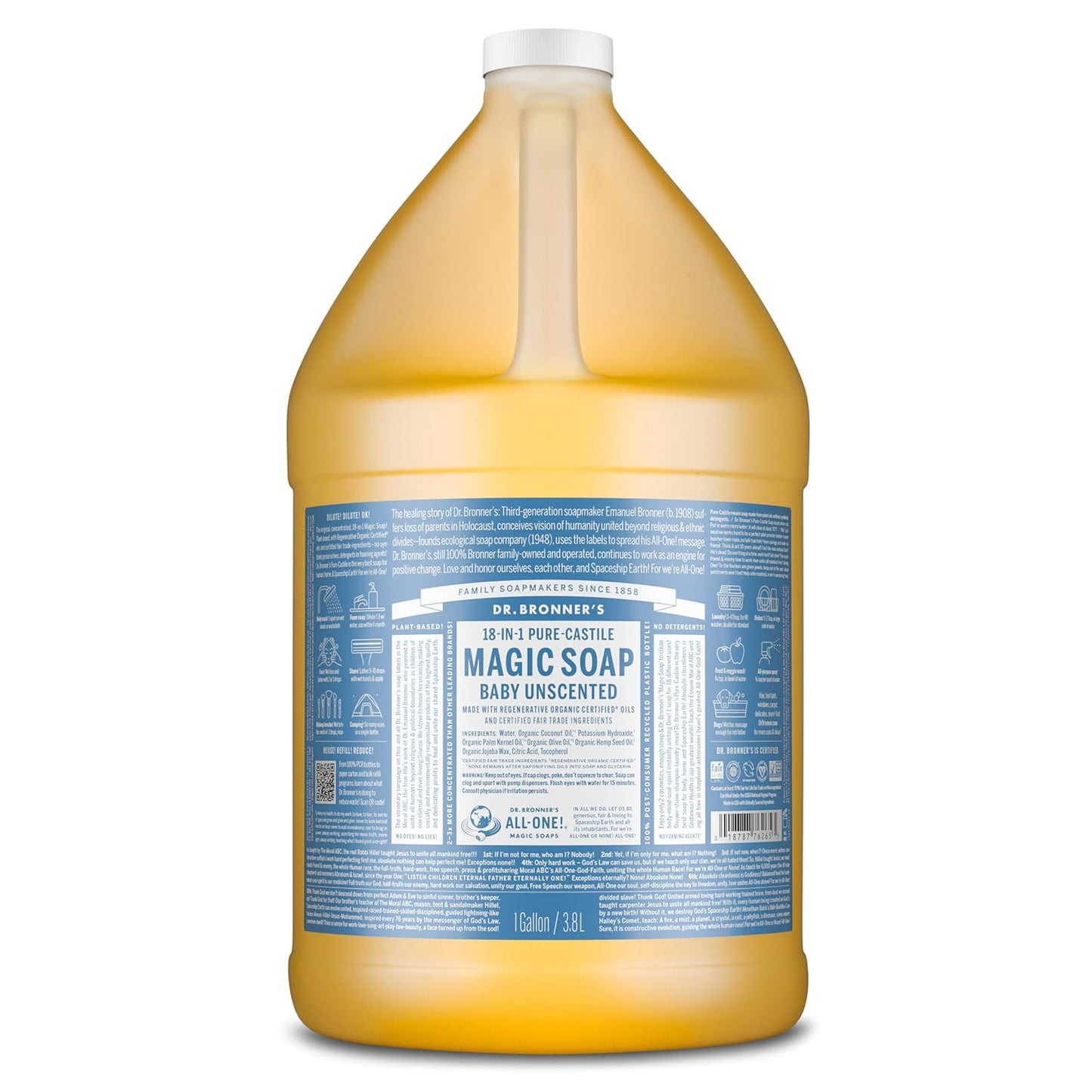 Dr. Bronner's Pure-Castile Magic Soap Liquid (Baby Unscented, 1 Gallon) – Made with Regenerative Organic Certified Oils- For Sensitive Skin, Babies, Face, Hair, Laundry, Dishes, Hand Soap & Body Wash