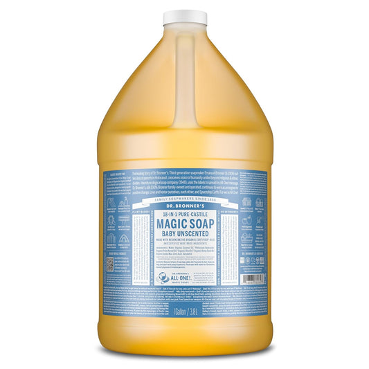 Dr. Bronner's Pure-Castile Magic Soap Liquid (Baby Unscented, 1 Gallon) – Made with Regenerative Organic Certified Oils- For Sensitive Skin, Babies, Face, Hair, Laundry, Dishes, Hand Soap & Body Wash