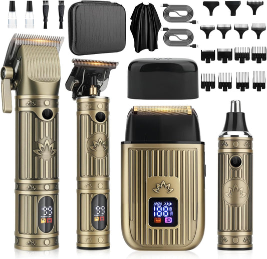Hair Clippers for Men Professional, T-Blade Barber Clippers and Trimmer Set, 4 in 1 Mens Cordless Hair Clipper for Barber Kit, Foil Thaver and Nose Trimmer for Men with LED Display