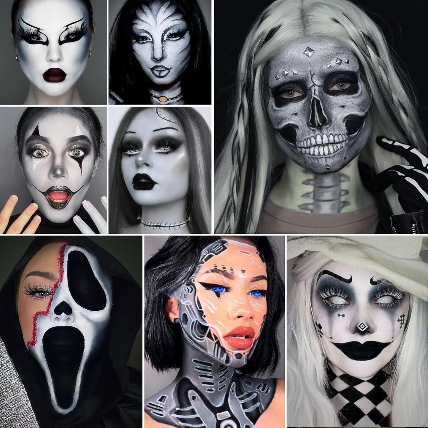 Black White Grey Face Body Paint, Halloween Ghost Skeleton Makeup Kit (3 Sponges + 5 Brushes), 9 Pcs Oil Based Full Coverage Smooth Face Painting Kit for Halloween SFX Clown Costume, Skull, Cosplay