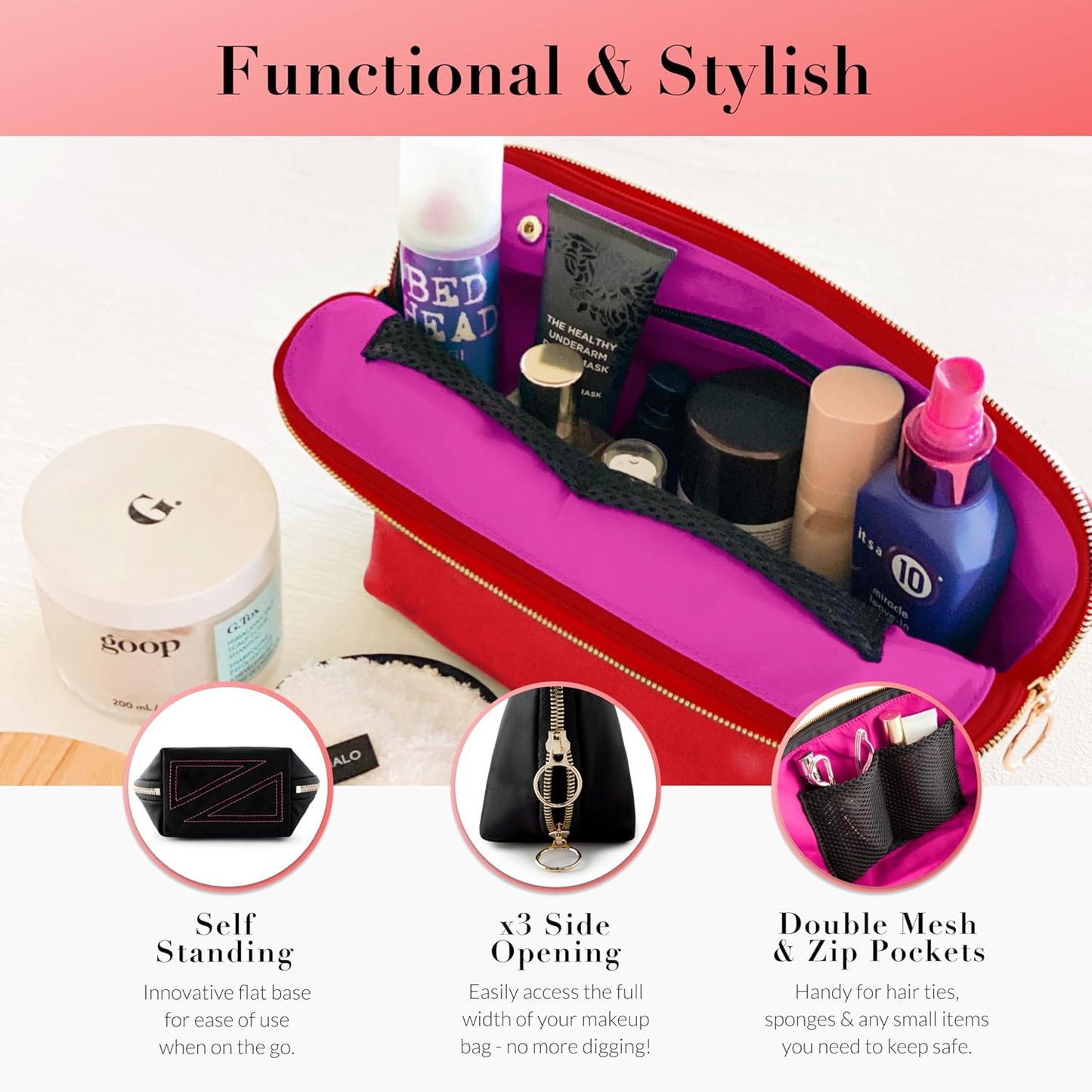 KUSSHI Washable Travel Makeup & Cosmetic Bag - Brush Organizer Sold Separately (Vacationer, Candy Apple Red/Pink)