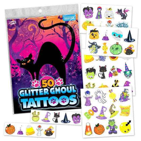 Assorted Glitter Halloween Tattoos – Sparkly Temporary Tattoos for Kids, Includes Pumpkins, Ghosts, Bats & More, Non-Toxic Party Favors & Trick-or-Treat Handouts