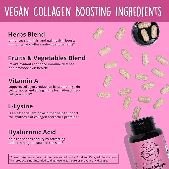 Vegan Collagen Builder w/ Hyaluronic Acid – Hair Skin and Nails Vitamins for Youthful Glow | Keratin & Elastin Booster | Bones, Cartilage, Tendons | Vitamin A, L-Lysine | Vegetarian | Non-GMO, 60 Ct
