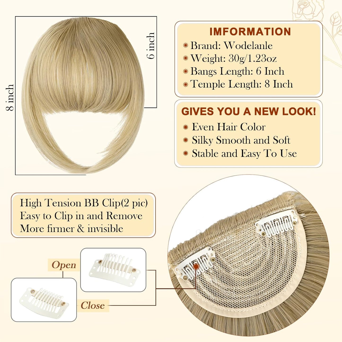 Bangs Hair Clip in Bangs, Fake Bangs Natrual Clip on Bangs,Faux Blonde Bangs Easy Clip in Hair Extenisons,French Bangs Fringe with Temples Hairpieces Curved Bangs for Daily Wear