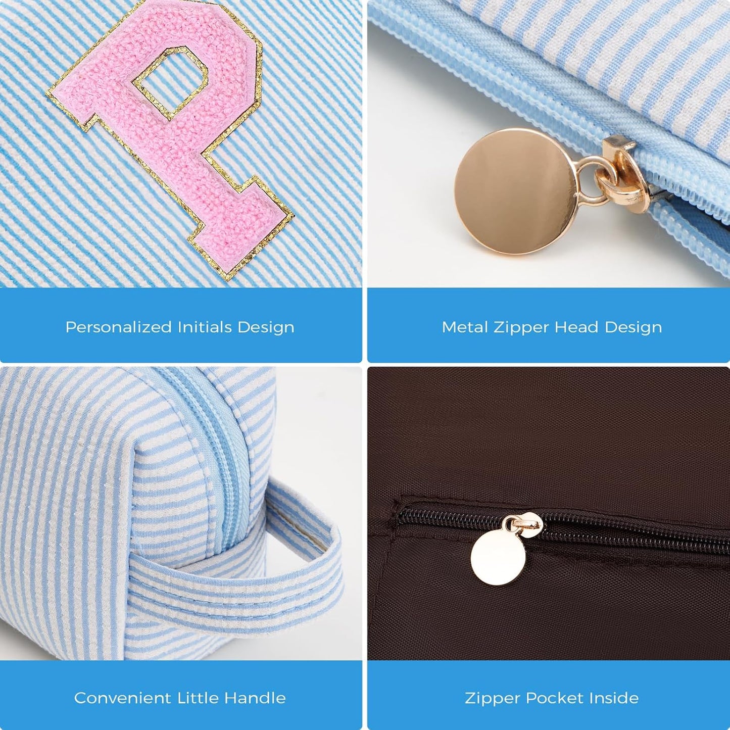 Personalized Makeup Bag for Women Girls - Fashion Cosmetic Bag Trendy Travel Toiletry Bag with Initials Letter - Teen Gifts - Blue,P