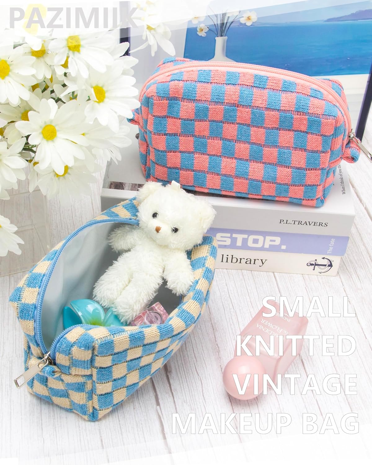 PAZIMIIK 2PCS Checkered Makeup Bag for Purse Portable Zipper Make Up Pouch Small Cosmetic Case for Travel Accessories Blue Beige