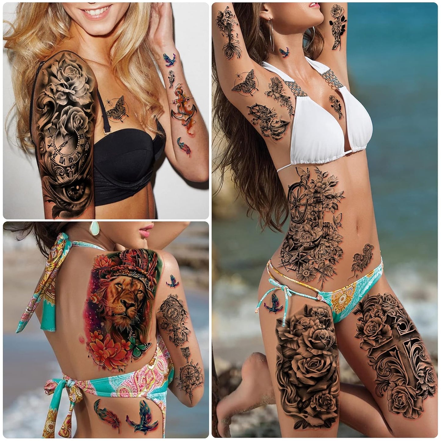 Yazhiji 49 sheets Large Flowers Skull Waterproof Temporary Tattoos for Women and Girls, Realistic Tiger Wolf Bird Temporary Fake Tattoo for Kids or Adults