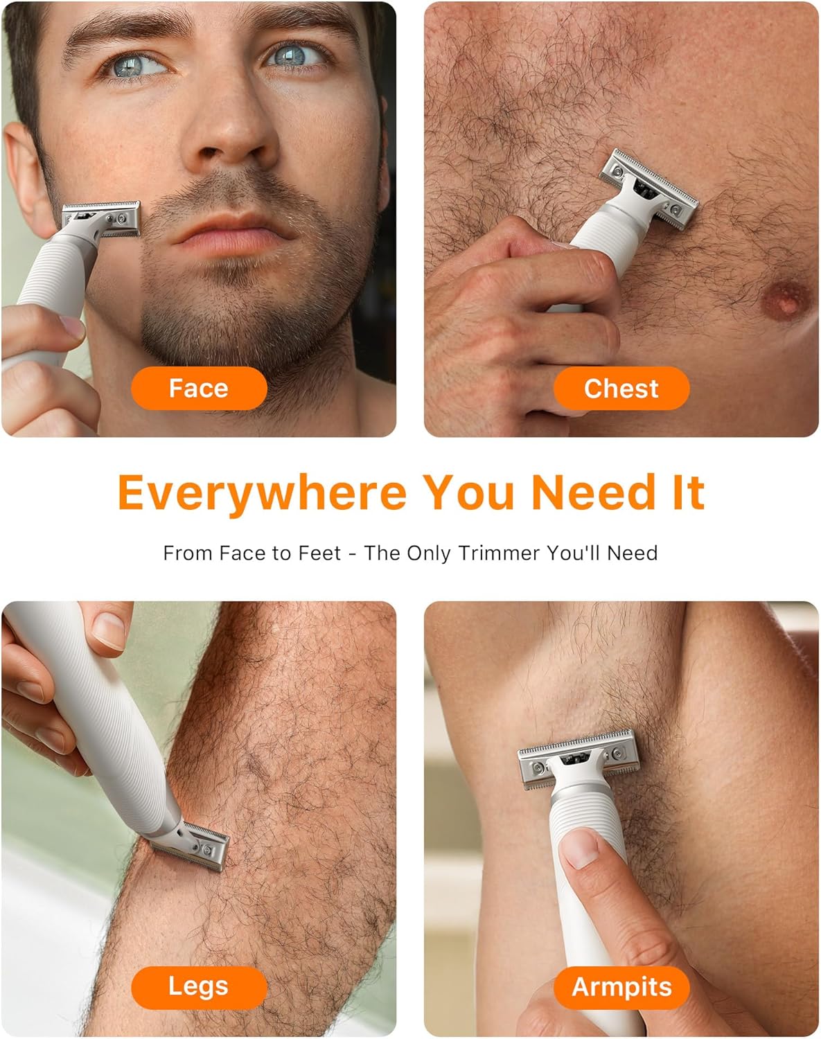 New 2 in 1 Body & Nose Hair Trimmer - Electric Beard Razor for Men, All-in-One Groomer with Magnetic Nose Hair Head, Waterproof Wet/Dry Use, Groin/Ball Shaver, USB-C Fast Charging,White(Solo)