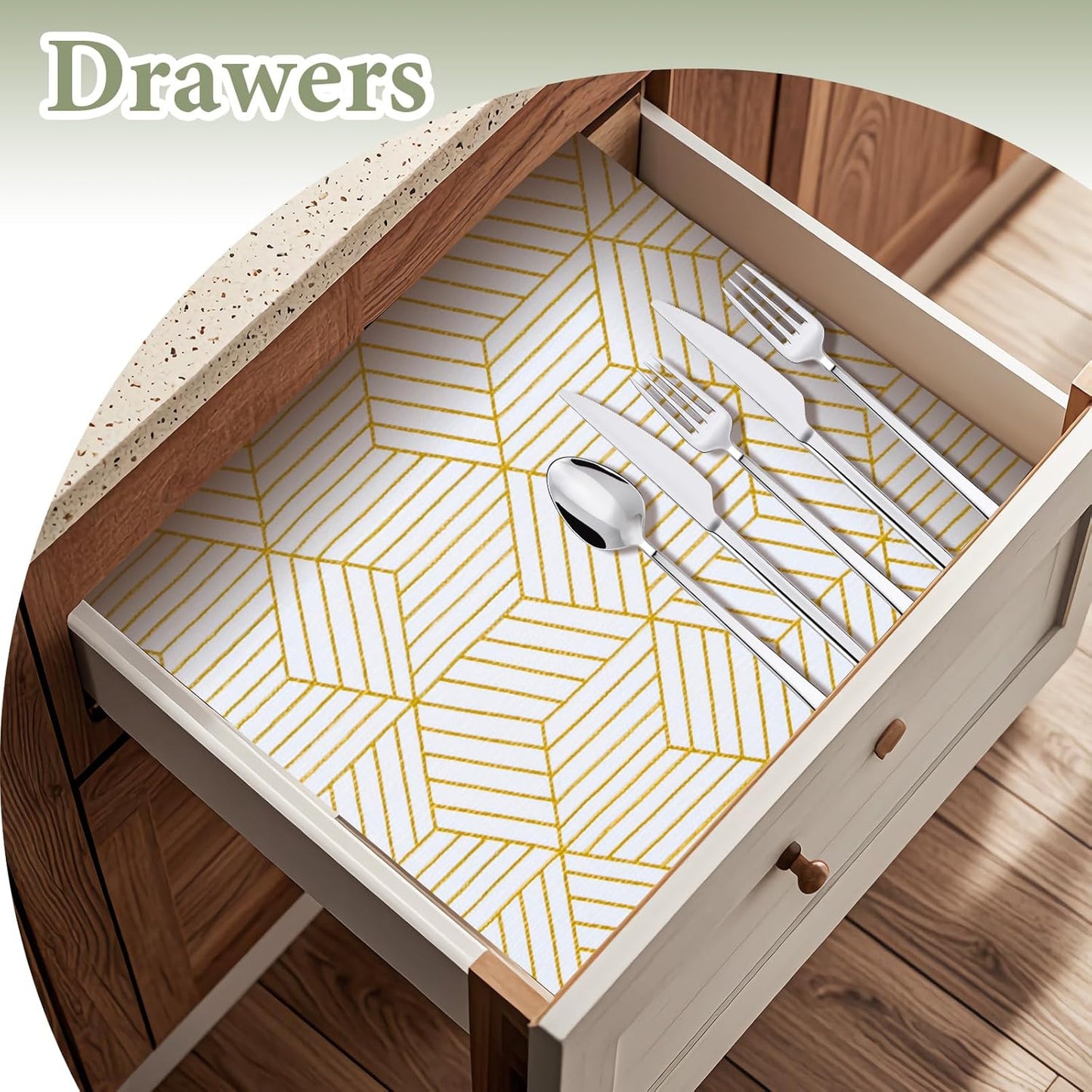 Shelf Liners for Kitchen Cabinets 12in x 20FT, Non Adhesive Cabinet Liner Strong Non-Slip Thickened Gold Geometric Drawer Liner, Easy to Clean for Shelf, Cabinet with Knife and Tape Measure