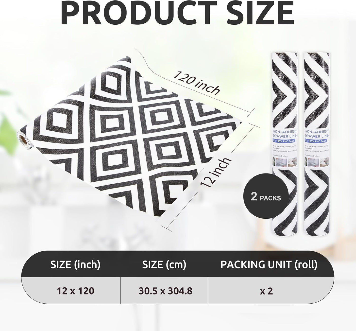 RAY STAR 12X120 Inch Shelf Liner for Kitchen Cabinets, Non-Adhesive Cabinet Liner Washable, PVC Drawer Liner for Dresser Non-Slip Bathroom (Modern Black)(2 Roll)