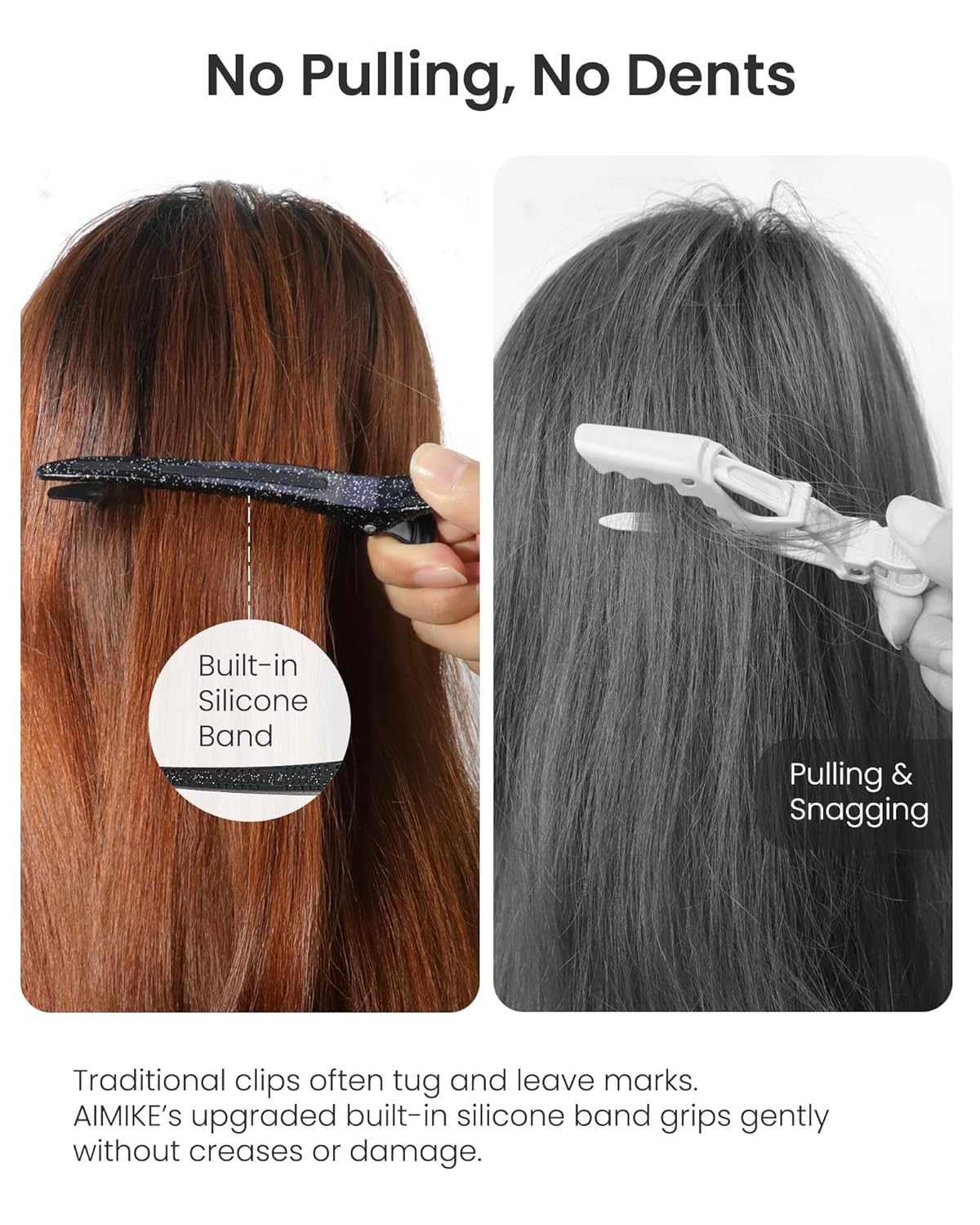 AIMIKE Extended Sectioning Hair Clips w/Built-in Silicone Band, 4.8" No-Crease Non-Slip Hair Styling Clips for Thick, Curly Hair –Blow Drying, Hair Rollers, Rust-Free – 6 Pack, Glitter Duckbill Clips