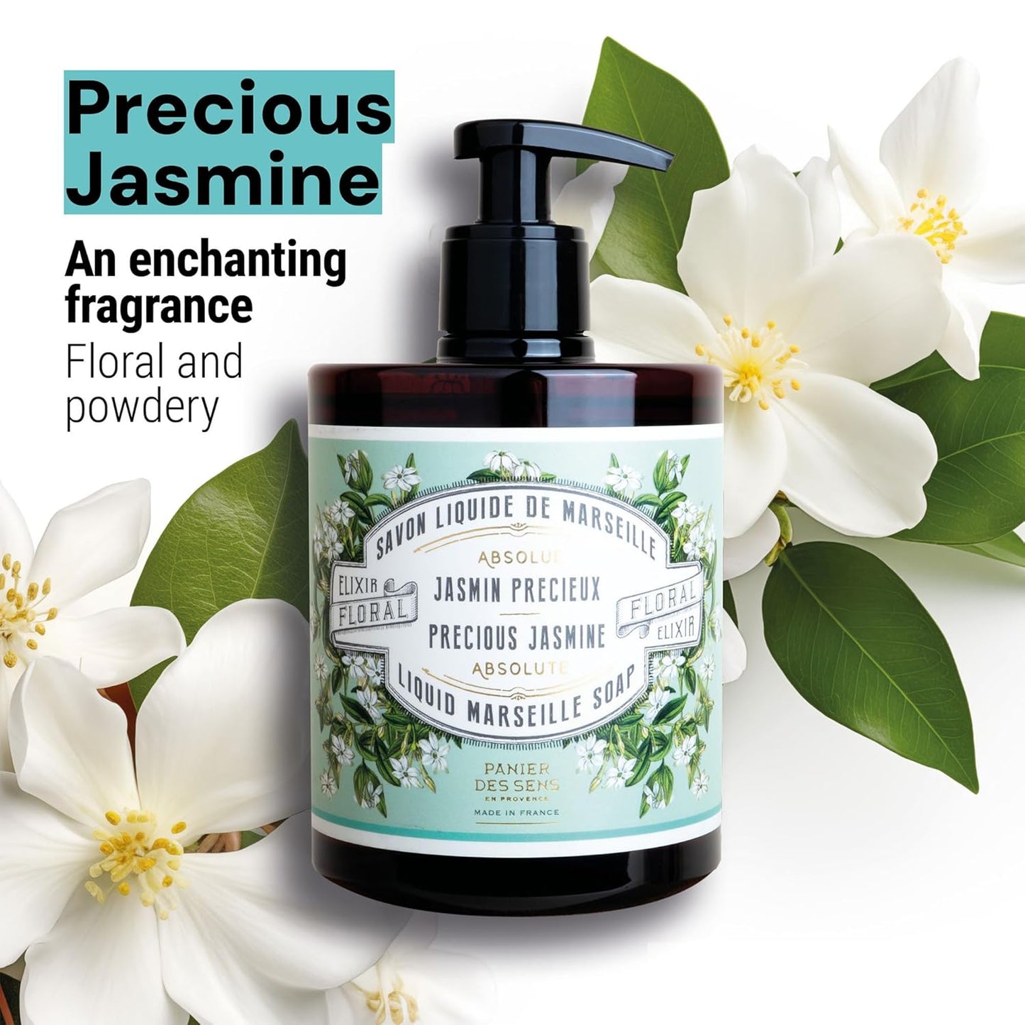 Panier des Sens - Moisturizing Hand Soap - Jasmine Floral Fragrance - French Traditional Savon de Marseille Soap - Refillable Kitchen & Bathroom Soap - 16.9 Fl.oz Liquid Hand Wash 96% Natural